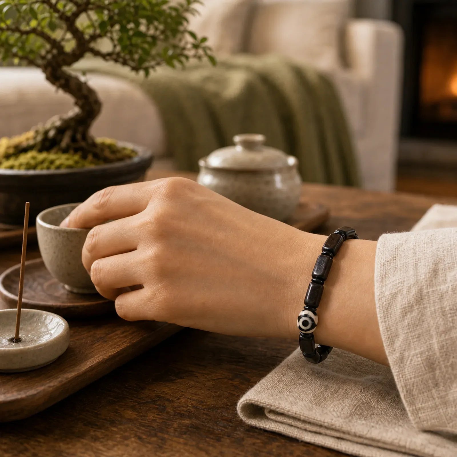 Ebony Wood Rectangular Beads Dzi Bead Balance Bracelet featuring Ebony Wood, Ebony, Dzi Bead
