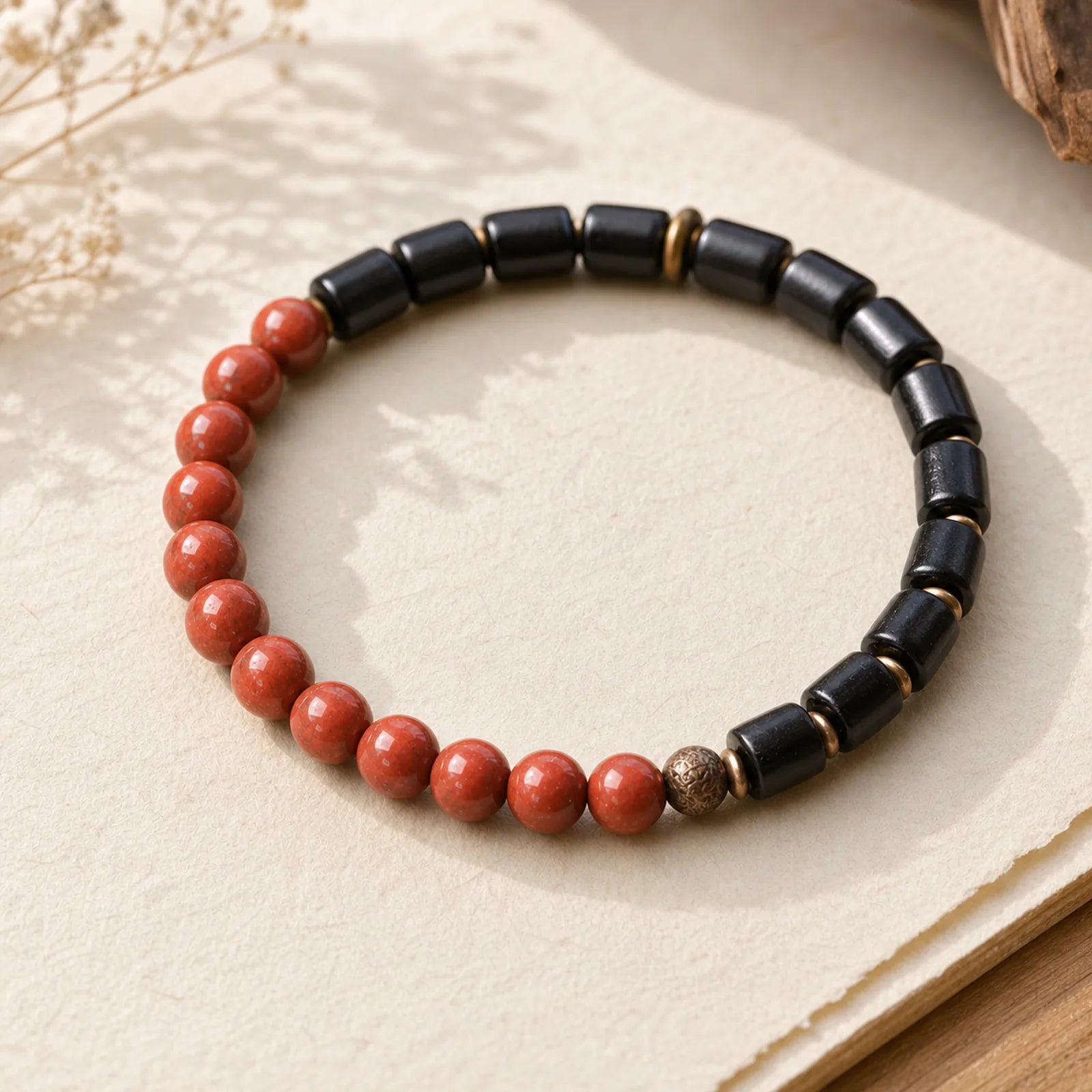 Ebony Wood Red Jasper Moss Agate Crystal Copper Peace Couple Bracelet featuring Ebony Wood, Ebony, Red Jasper