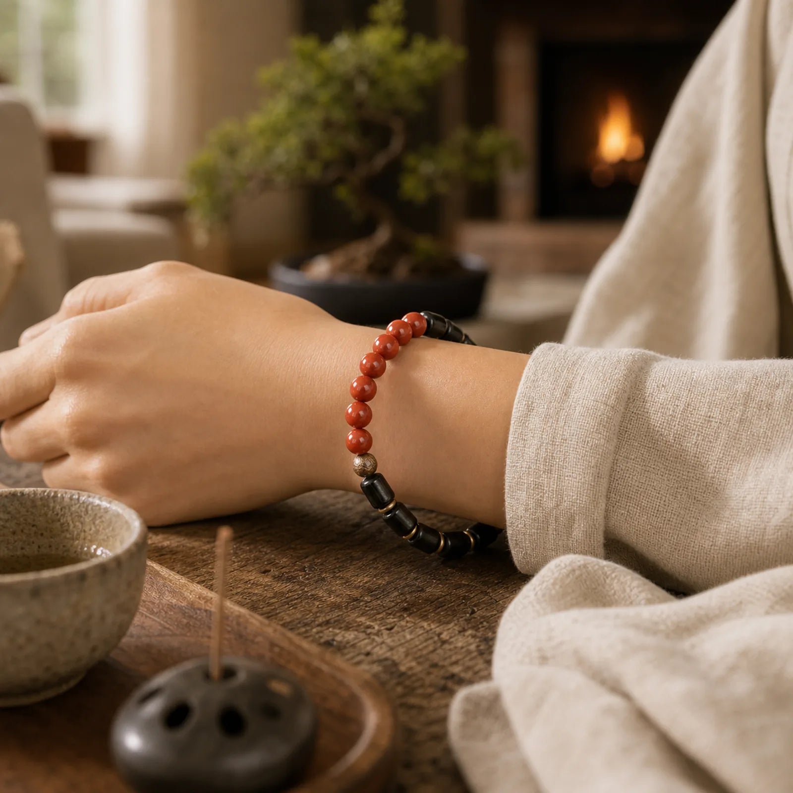 Ebony Wood Red Jasper Moss Agate Crystal Copper Peace Couple Bracelet featuring Ebony Wood, Ebony, Red Jasper