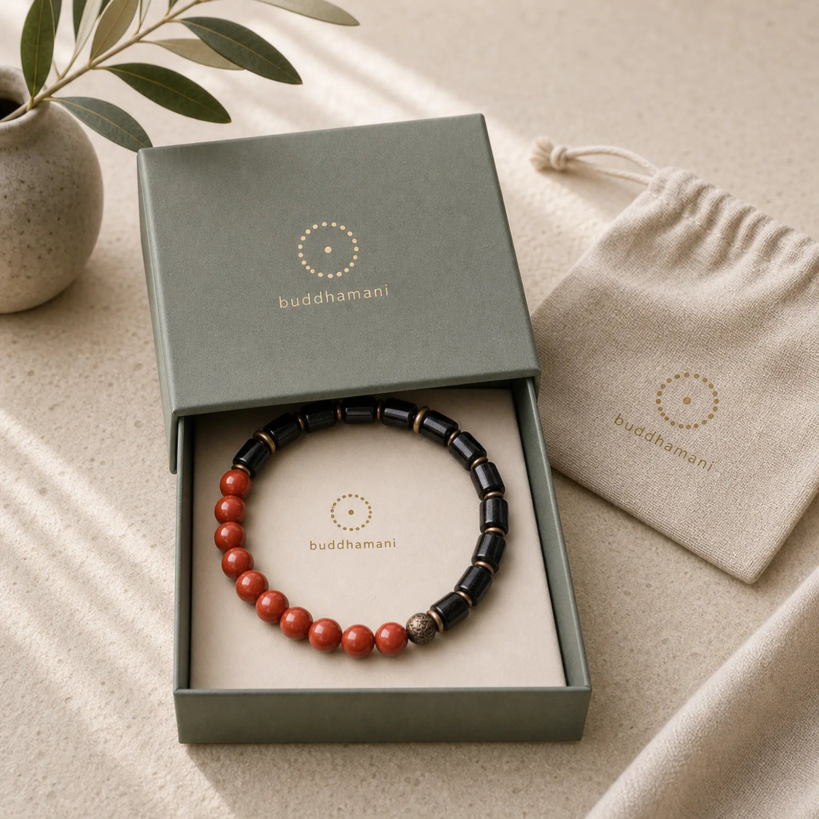 Ebony Wood Red Jasper Moss Agate Crystal Copper Peace Couple Bracelet featuring Ebony Wood, Ebony, Red Jasper