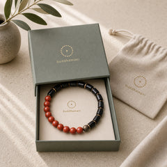 Ebony Wood Red Jasper Moss Agate Crystal Copper Peace Couple Bracelet featuring Ebony Wood, Ebony, Red Jasper