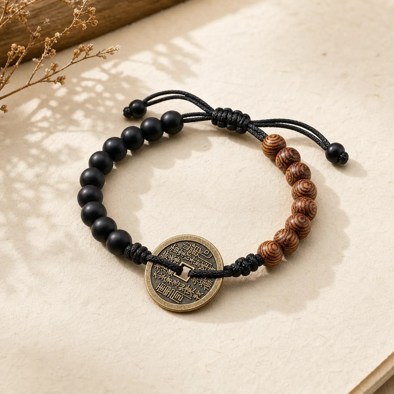 Ebony Wood Wenge Wood Mountain Ghosts Spend Money Bagua Copper Coin Peace Bracelet featuring Ebony Wood, Ebony, Wenge Wood