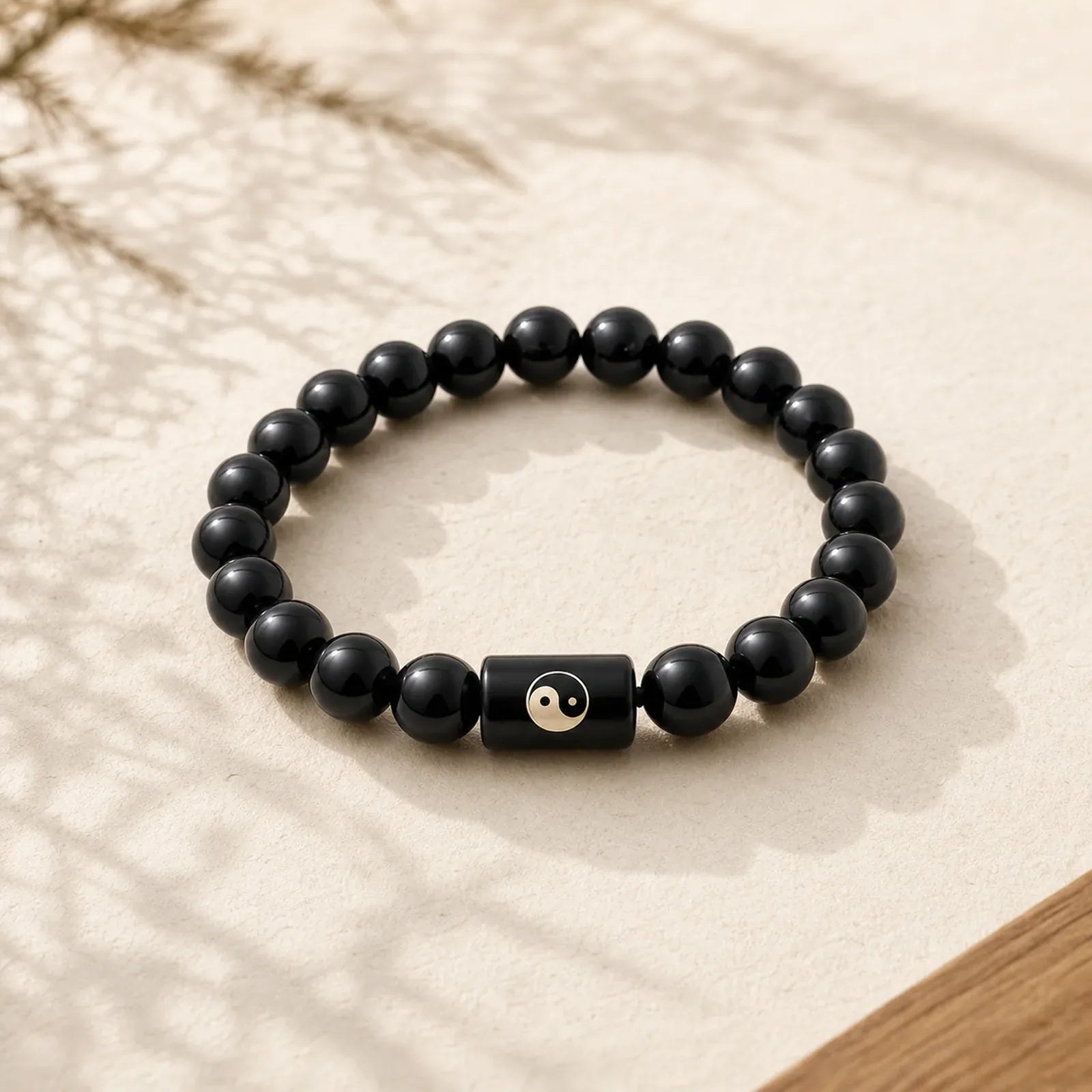 Ebony Wood Yin Yang Balance Inlaid Barrel Bead Bracelet featuring Ebony Wood, Ebony, Black Onyx
