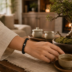 Ebony Wood Yin Yang Balance Inlaid Barrel Bead Bracelet featuring Ebony Wood, Ebony, Black Onyx