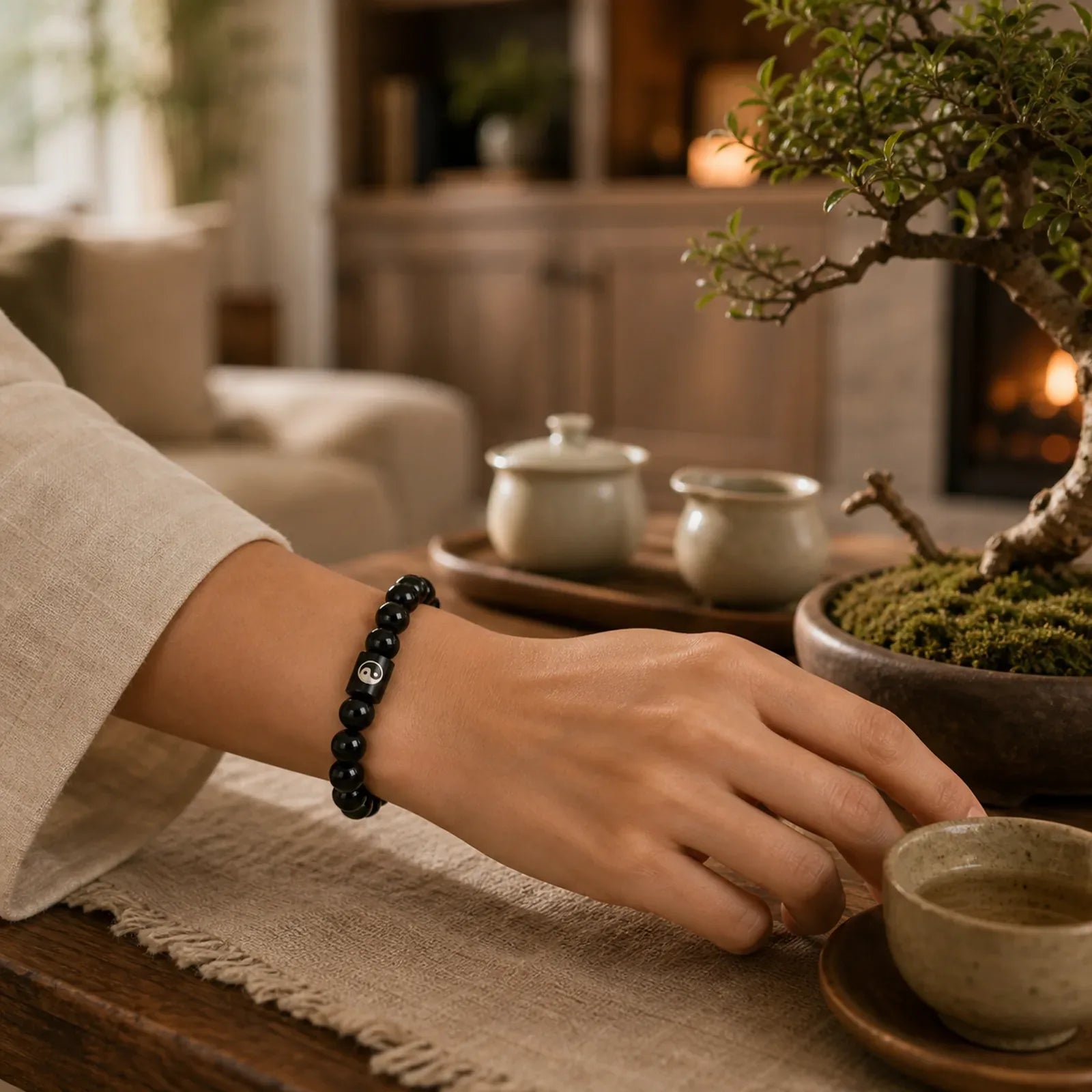 Ebony Wood Yin Yang Balance Inlaid Barrel Bead Bracelet featuring Ebony Wood, Ebony, Black Onyx