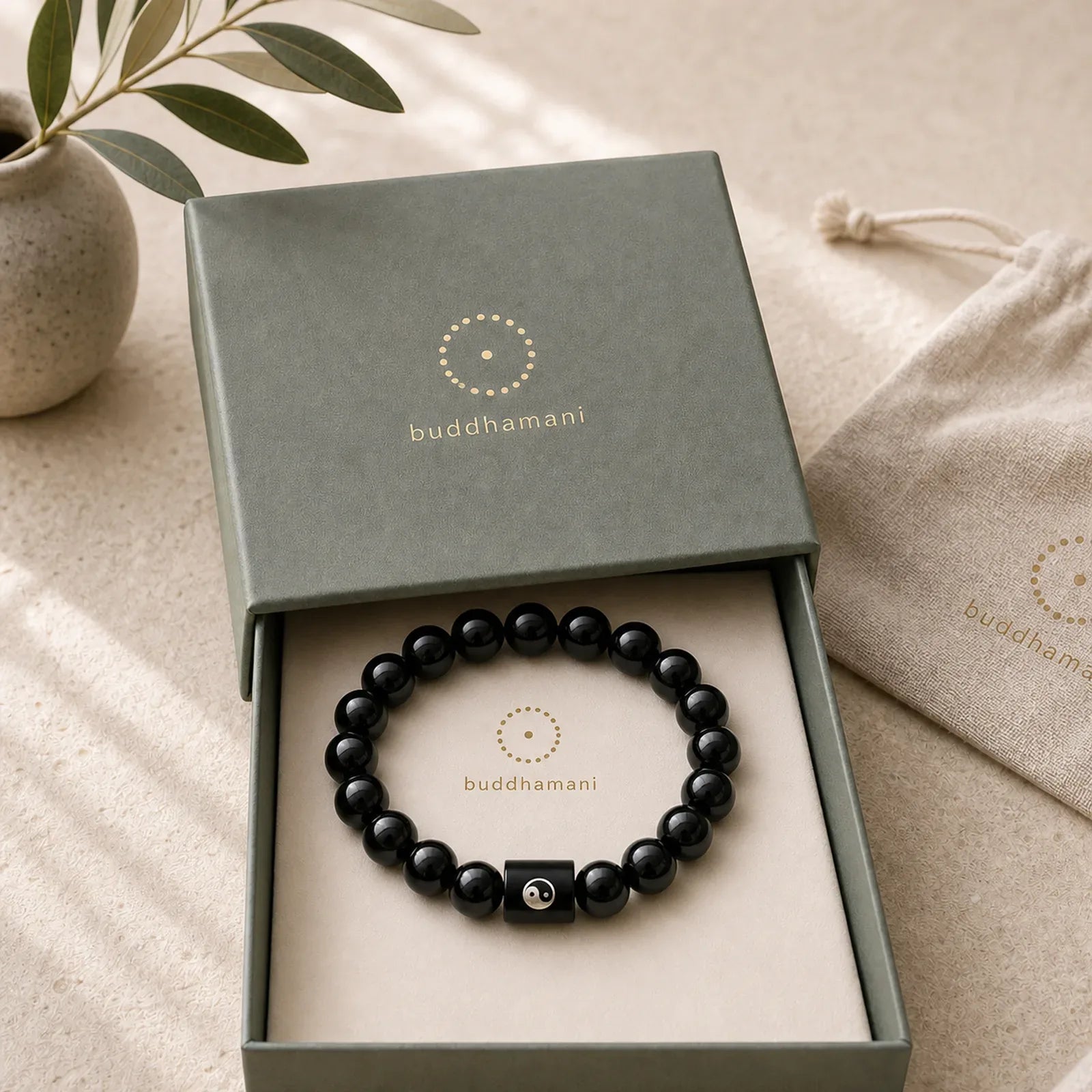 Ebony Wood Yin Yang Balance Inlaid Barrel Bead Bracelet featuring Ebony Wood, Ebony, Black Onyx