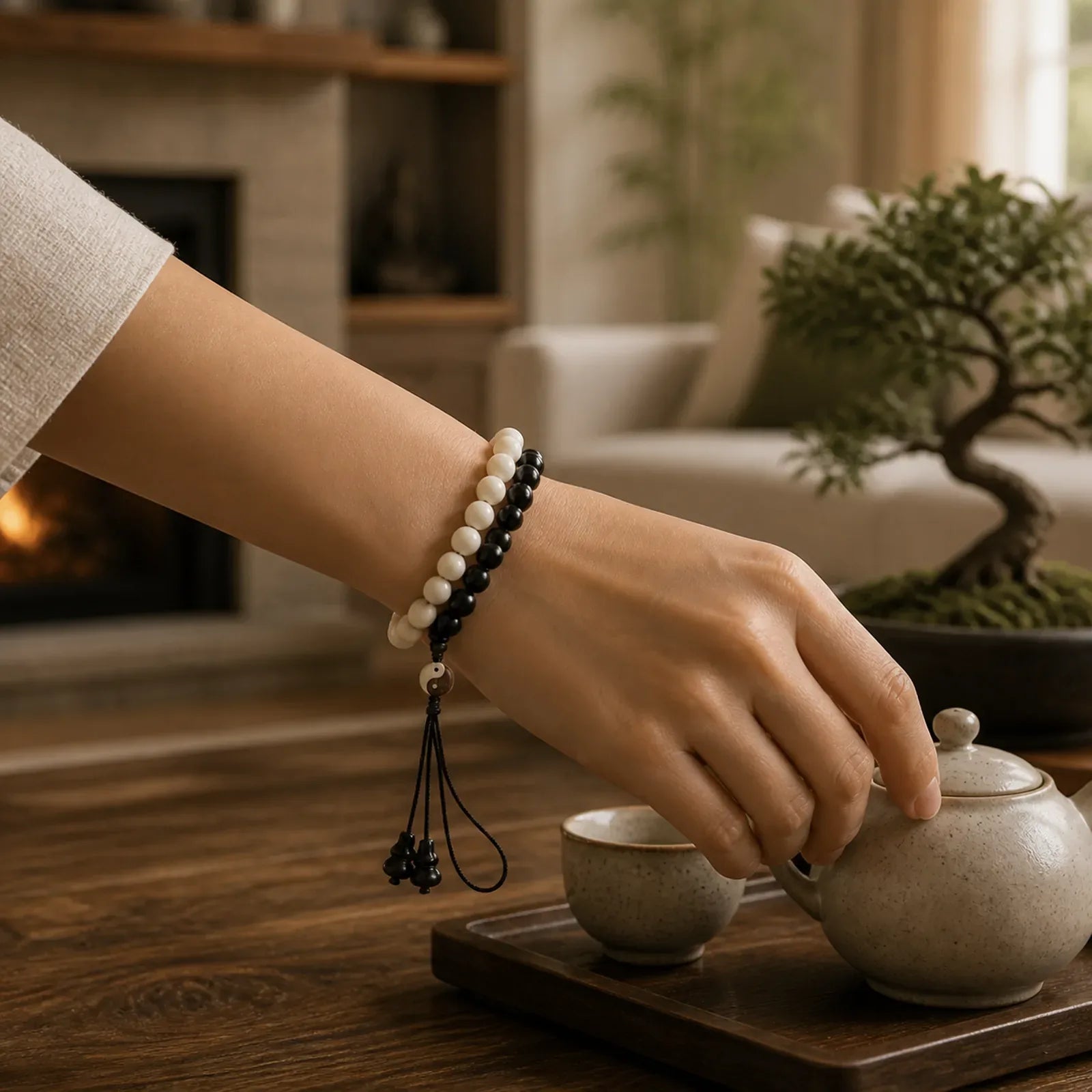 Ebony YinYang Protection Bracelet Decoration featuring Ebony, Ebony Wood, Bodhi Seed