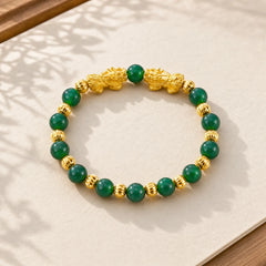 Electroplating Golden Double Pixiu Wealth Bracelet featuring Pixiu, Red Agate, Green Agate