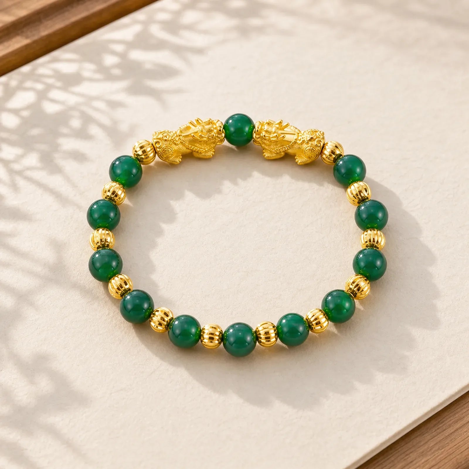 Electroplating Golden Double Pixiu Wealth Bracelet featuring Pixiu, Red Agate, Green Agate