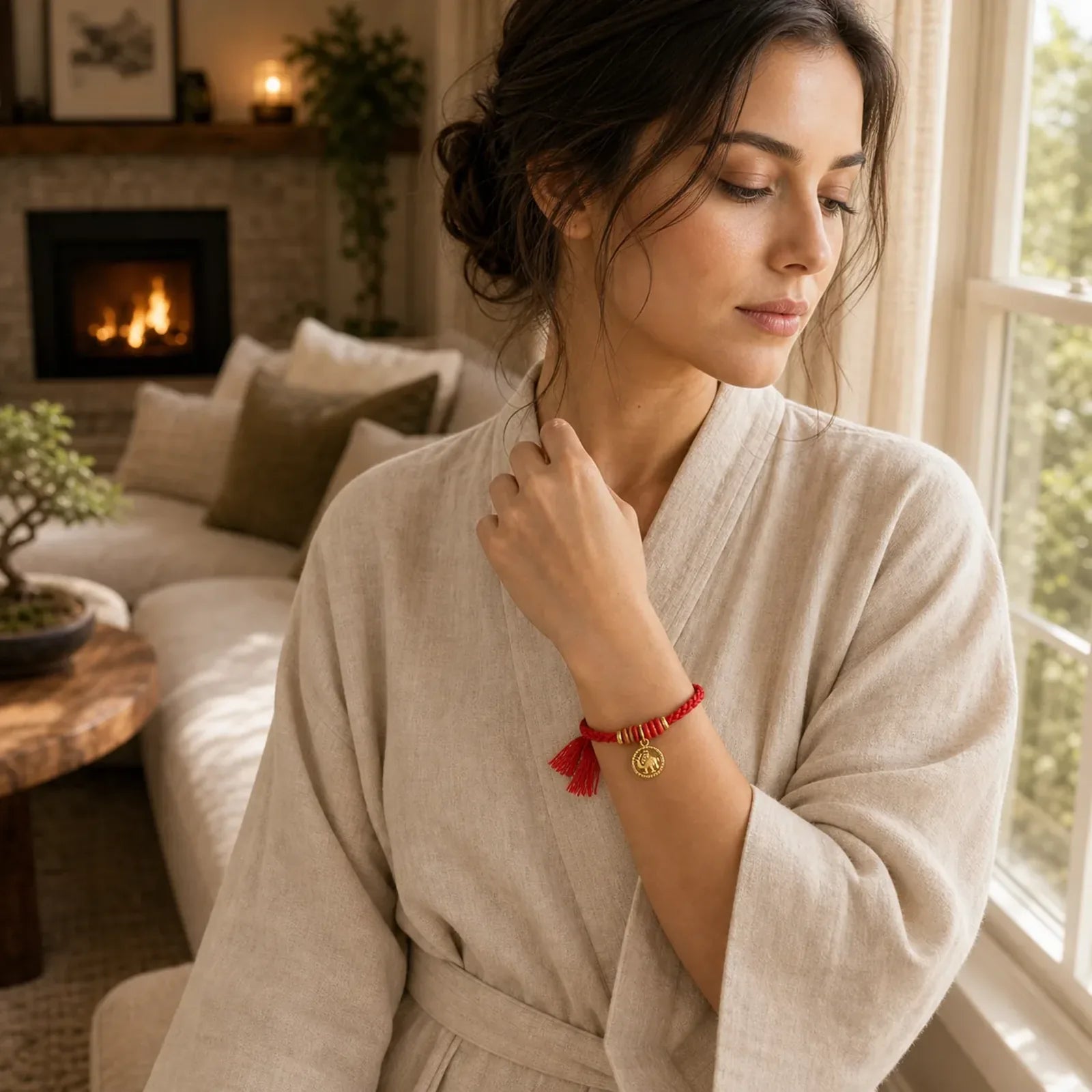 Elephant Fu Character Gold Plated Copper Red String Balance Tibet Bracelet featuring Fu Character, Copper, Red String