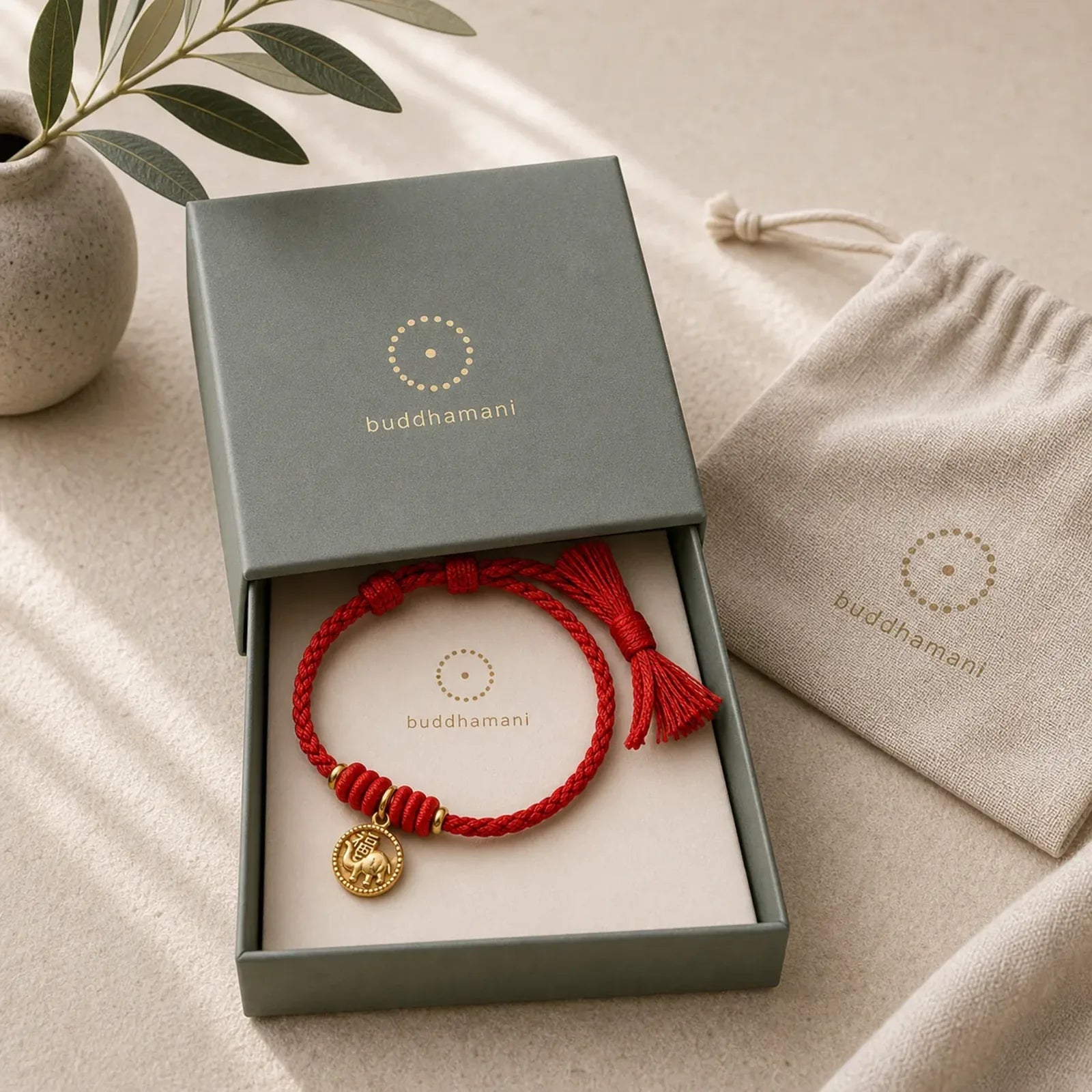 Elephant Fu Character Gold Plated Copper Red String Balance Tibet Bracelet featuring Fu Character, Copper, Red String