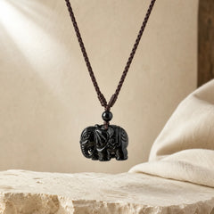 Elephant Symbol Carved Design Black Obsidian Strength Necklace Pendant featuring Elephant Symbol, Black Obsidian