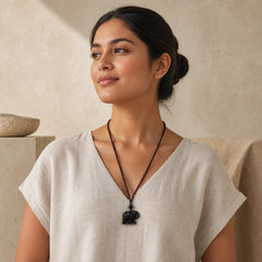 Elephant Symbol Carved Design Black Obsidian Strength Necklace Pendant featuring Elephant Symbol, Black Obsidian