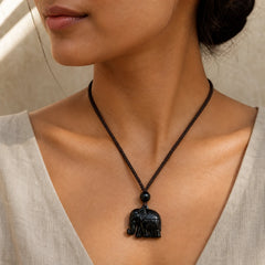 Elephant Symbol Carved Design Black Obsidian Strength Necklace Pendant featuring Elephant Symbol, Black Obsidian
