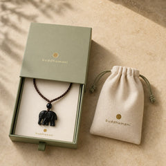 Elephant Symbol Carved Design Black Obsidian Strength Necklace Pendant featuring Elephant Symbol, Black Obsidian