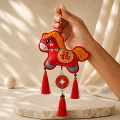 Embroidery Year Of The Horse Fu Character Copper Coin Shape Red String Hanging Decoration featuring Horse, Fu Character, Copper
