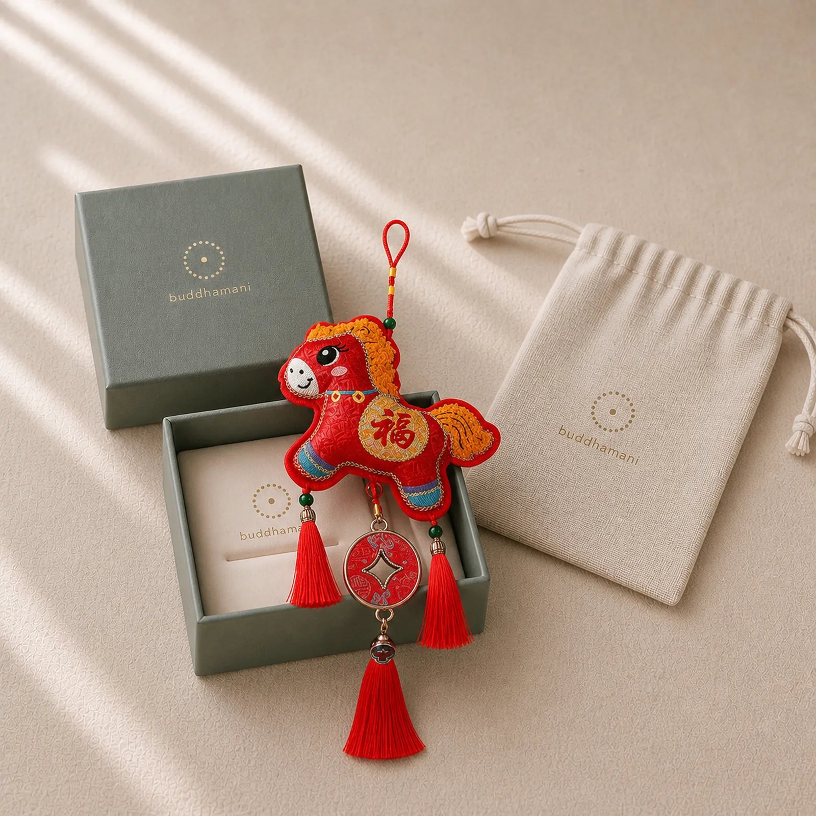 Embroidery Year Of The Horse Fu Character Copper Coin Shape Red String Hanging Decoration featuring Horse, Fu Character, Copper