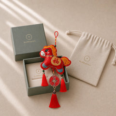 Embroidery Year Of The Horse Fu Character Copper Coin Shape Red String Hanging Decoration featuring Horse, Fu Character, Copper