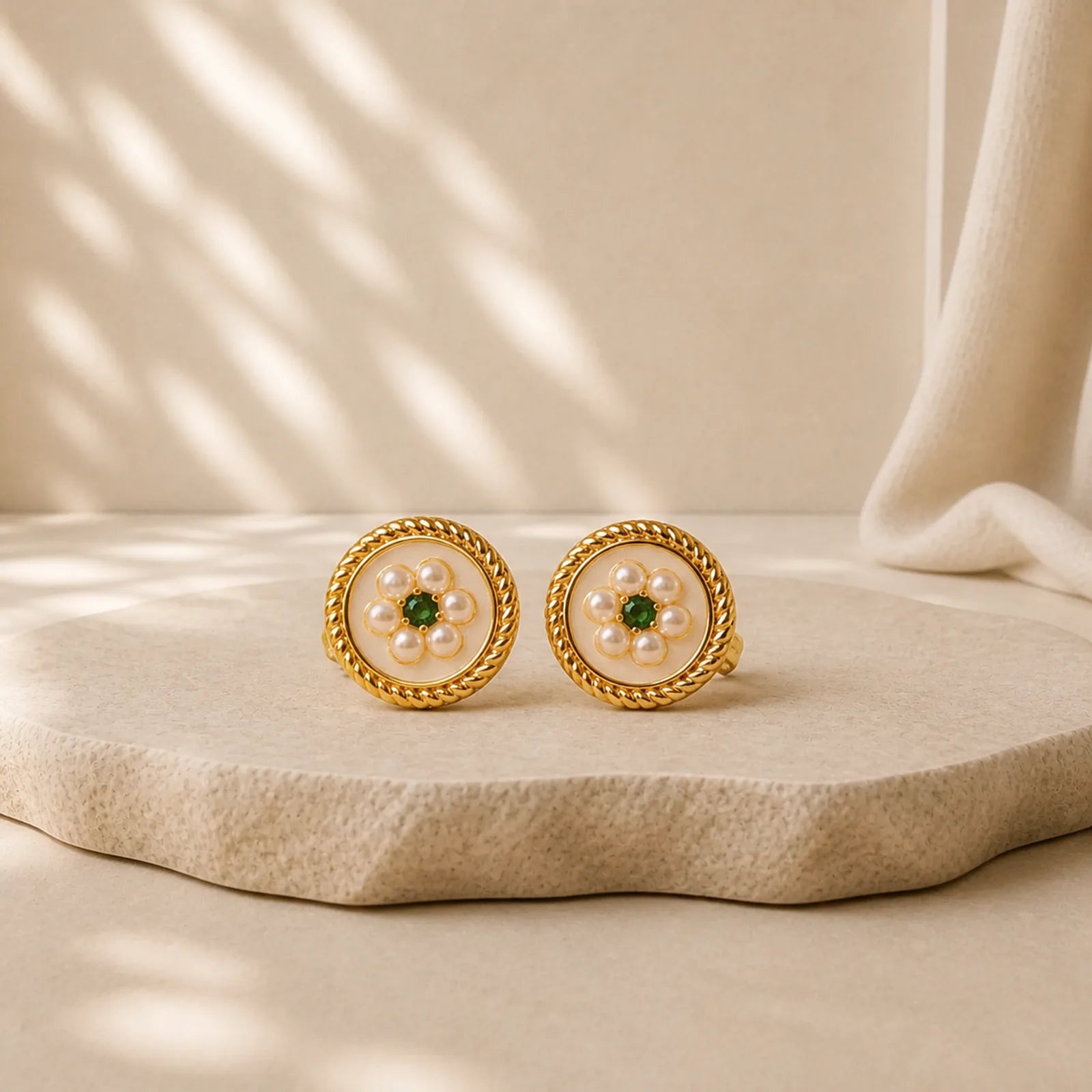 Enamel Flower Luck Earrings featuring Silver, Copper, Jade