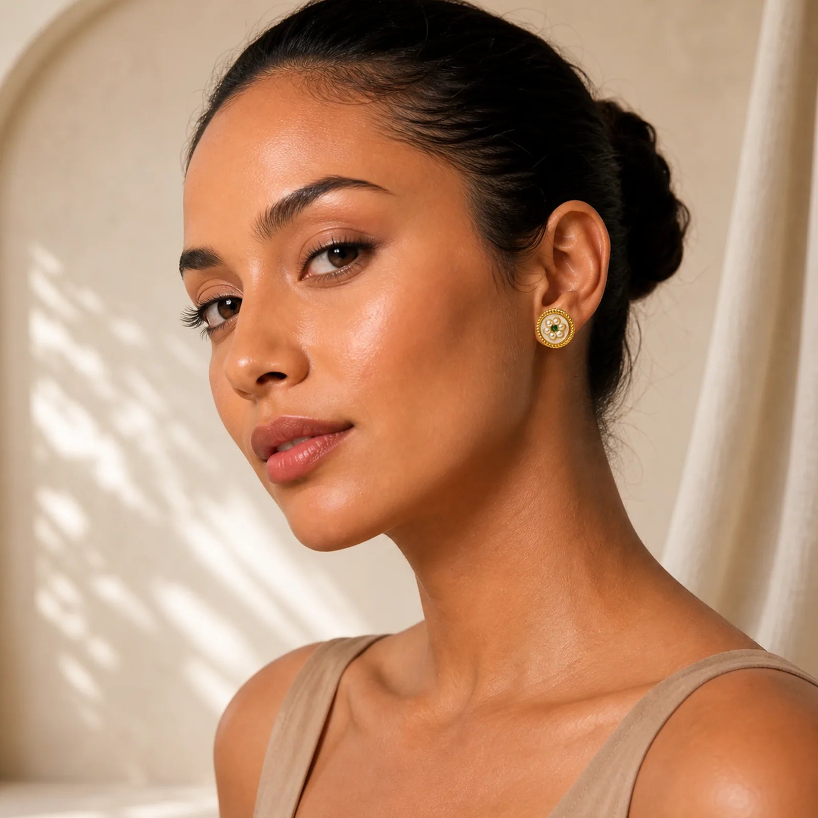 Enamel Flower Luck Earrings featuring Silver, Copper, Jade