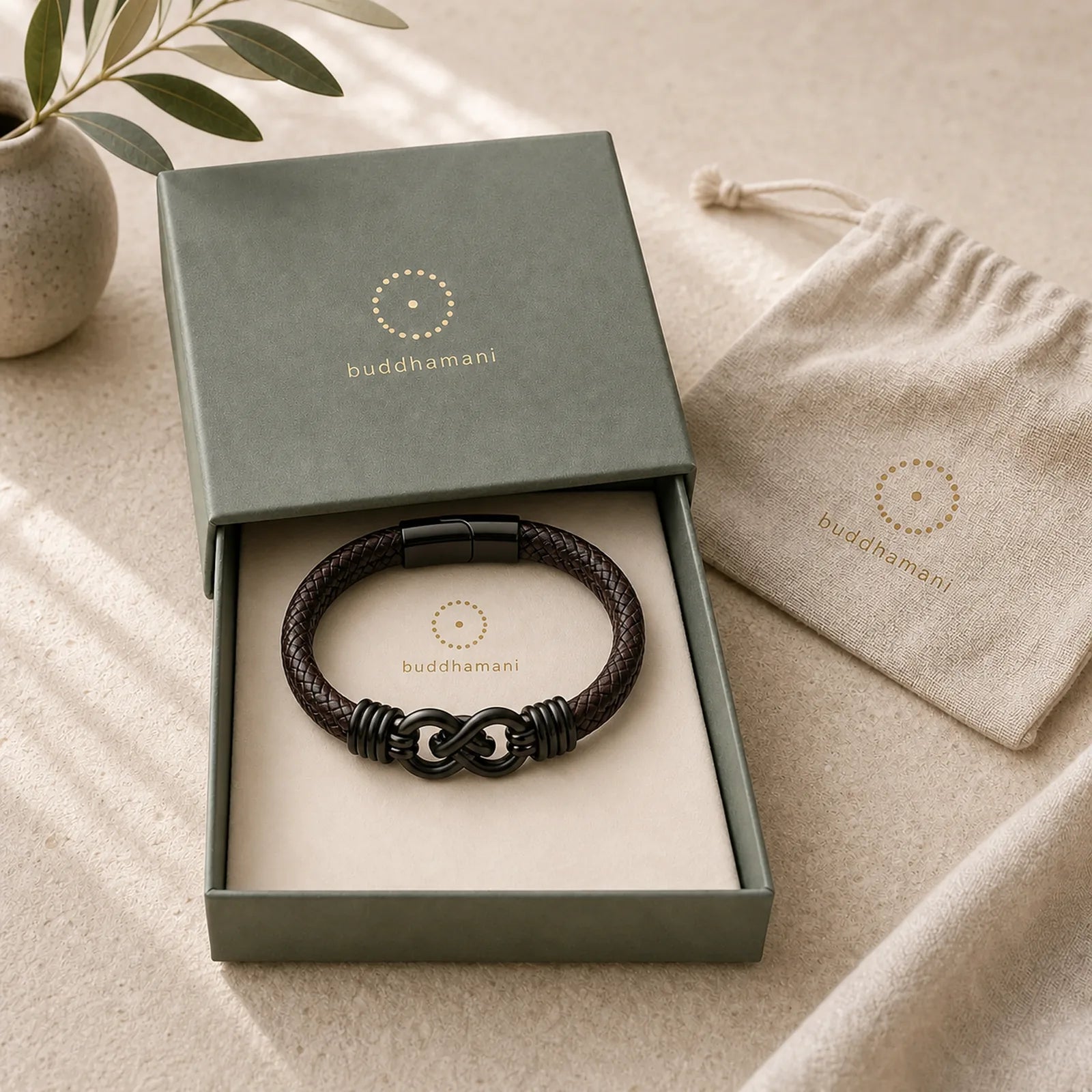 Endless Knot Pattern Titanium Steel Balance Leather Buckle Bracelet featuring Titanium Steel