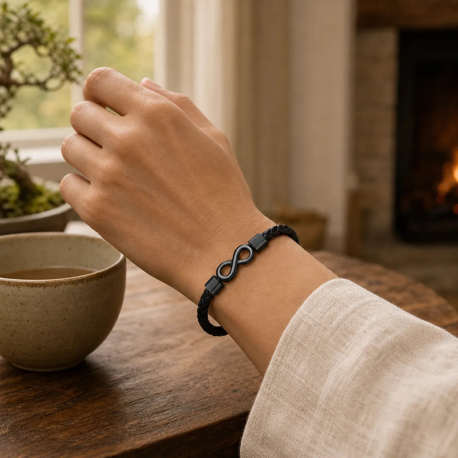 Endless Knot Titanium Steel Infinity Leather Weave Balance Bracelet featuring Titanium Steel