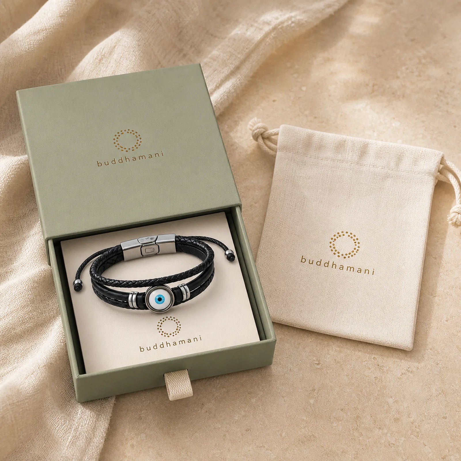 Evil Eye Multilayered Braided Leather Balance Bracelet featuring Evil Eye, Titanium Steel