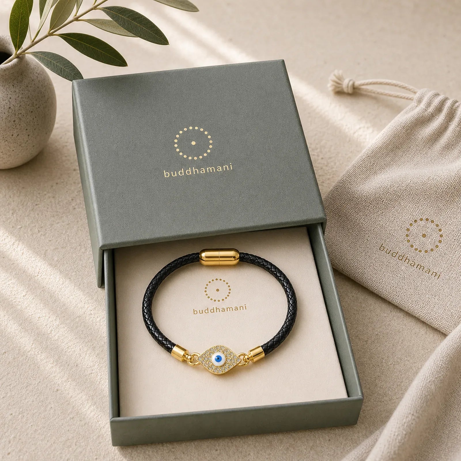 Evil Eye Protection Leather Metal Buckle Bracelet featuring Evil Eye, Copper