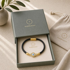 Evil Eye Protection Leather Metal Buckle Bracelet featuring Evil Eye, Copper