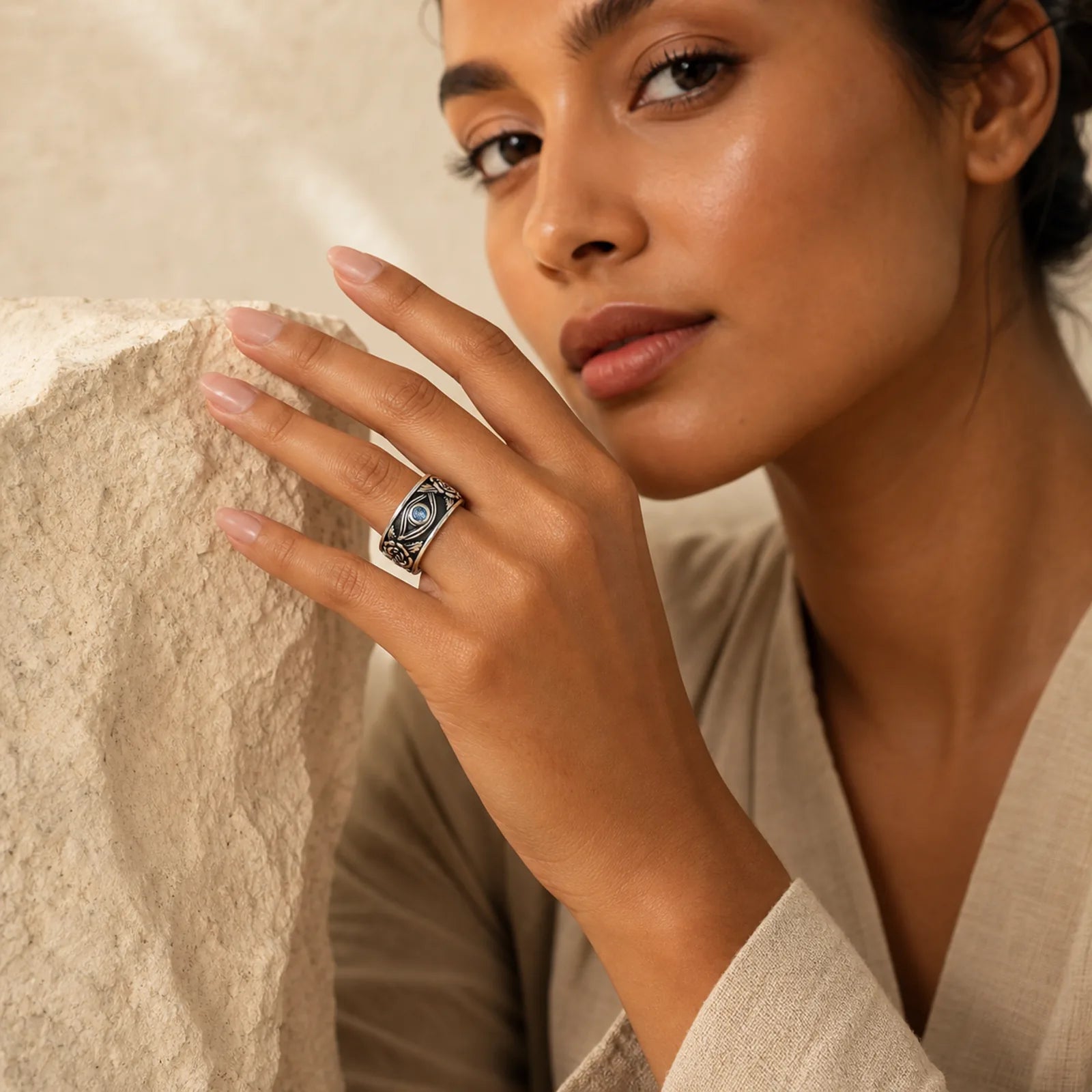 Eye Of Horus Crystal Protection Adjustable Ring featuring Eye of Horus, Copper