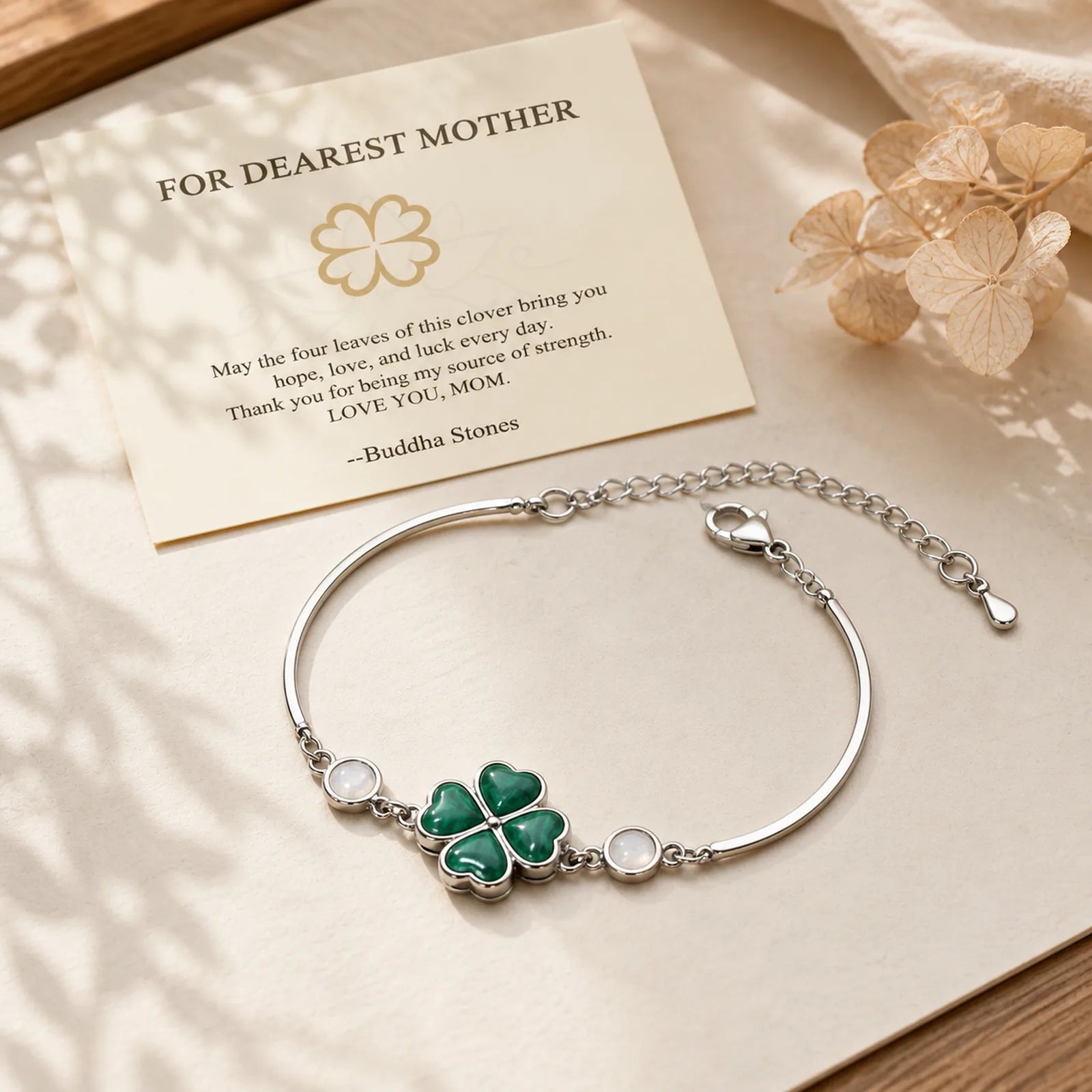 "FOR DEAREST MOTHER" Copper Four-Leaf Clover Luck Bracelet Includes Gift Message Card featuring Copper