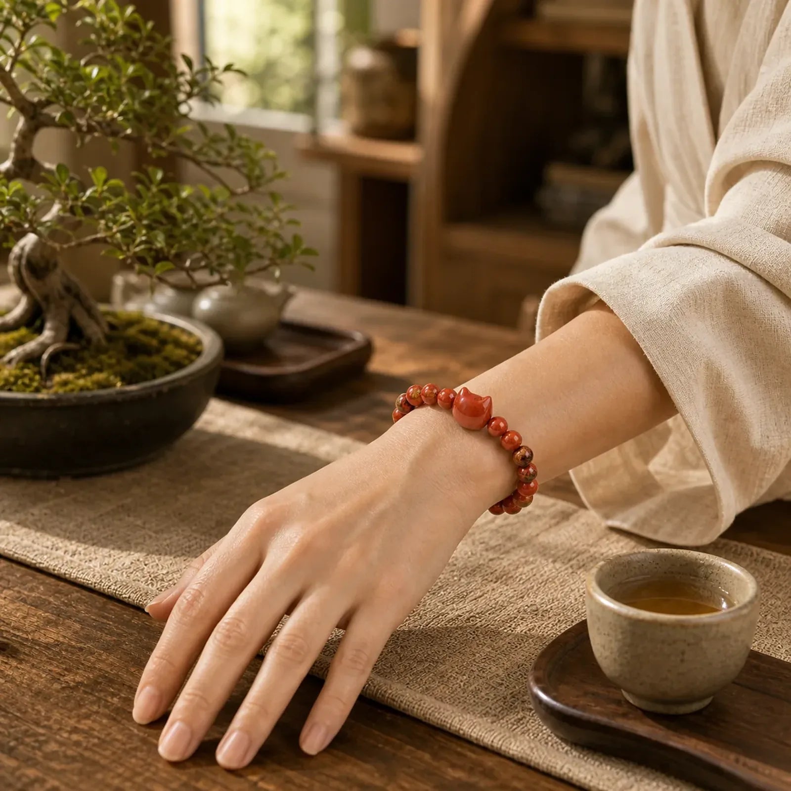 Faceless Cat Head Design Red Turquoise Luck Bracelet featuring Red Turquoise, Turquoise