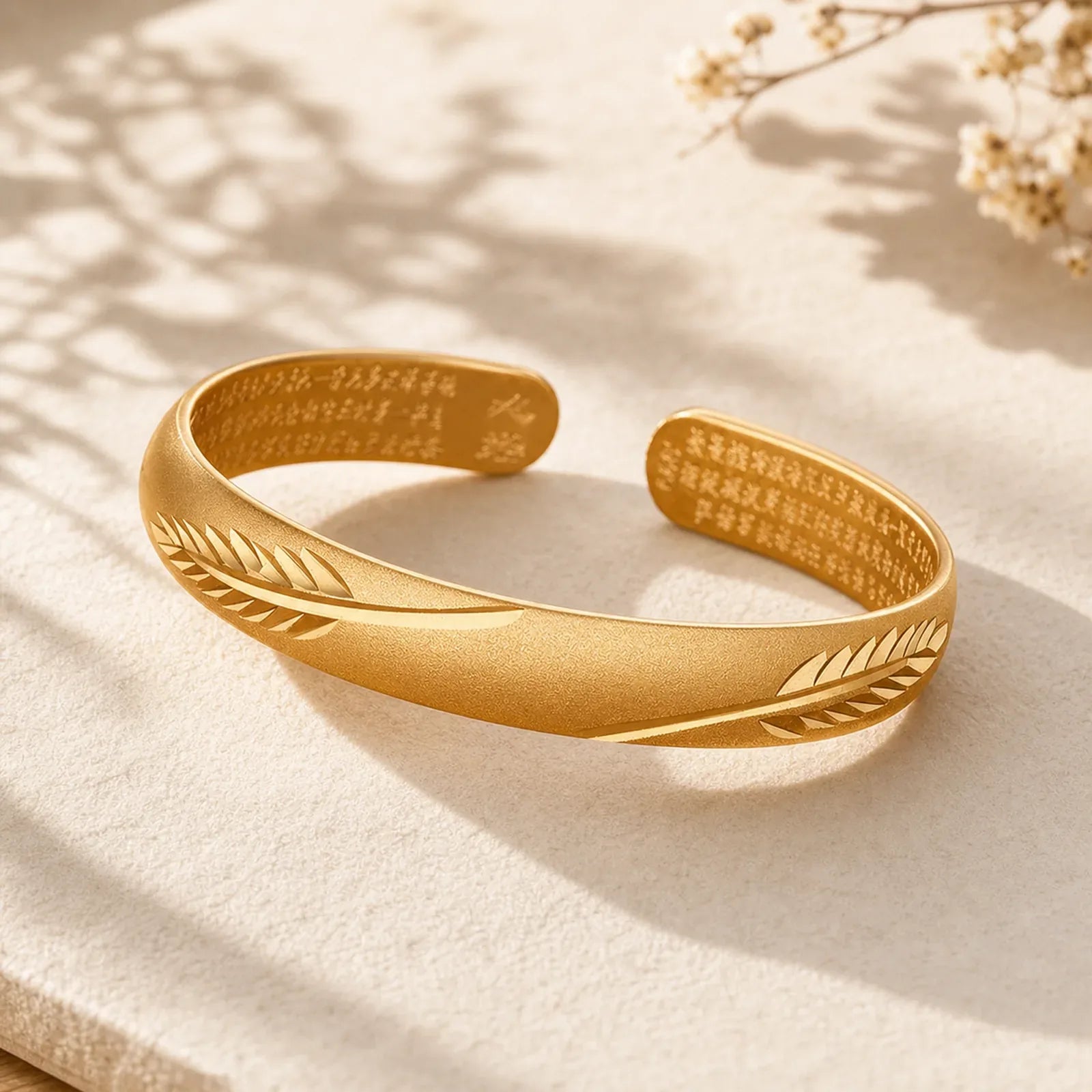Feather Heart Sutra Engraved Pattern Wealth Copper Cuff Bracelet Bangle featuring Copper