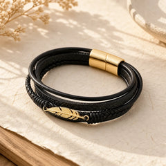Feather Pattern Multilayer Leather Titanium Steel Calm Braided Magnetic Buckle Bracelet featuring Titanium Steel