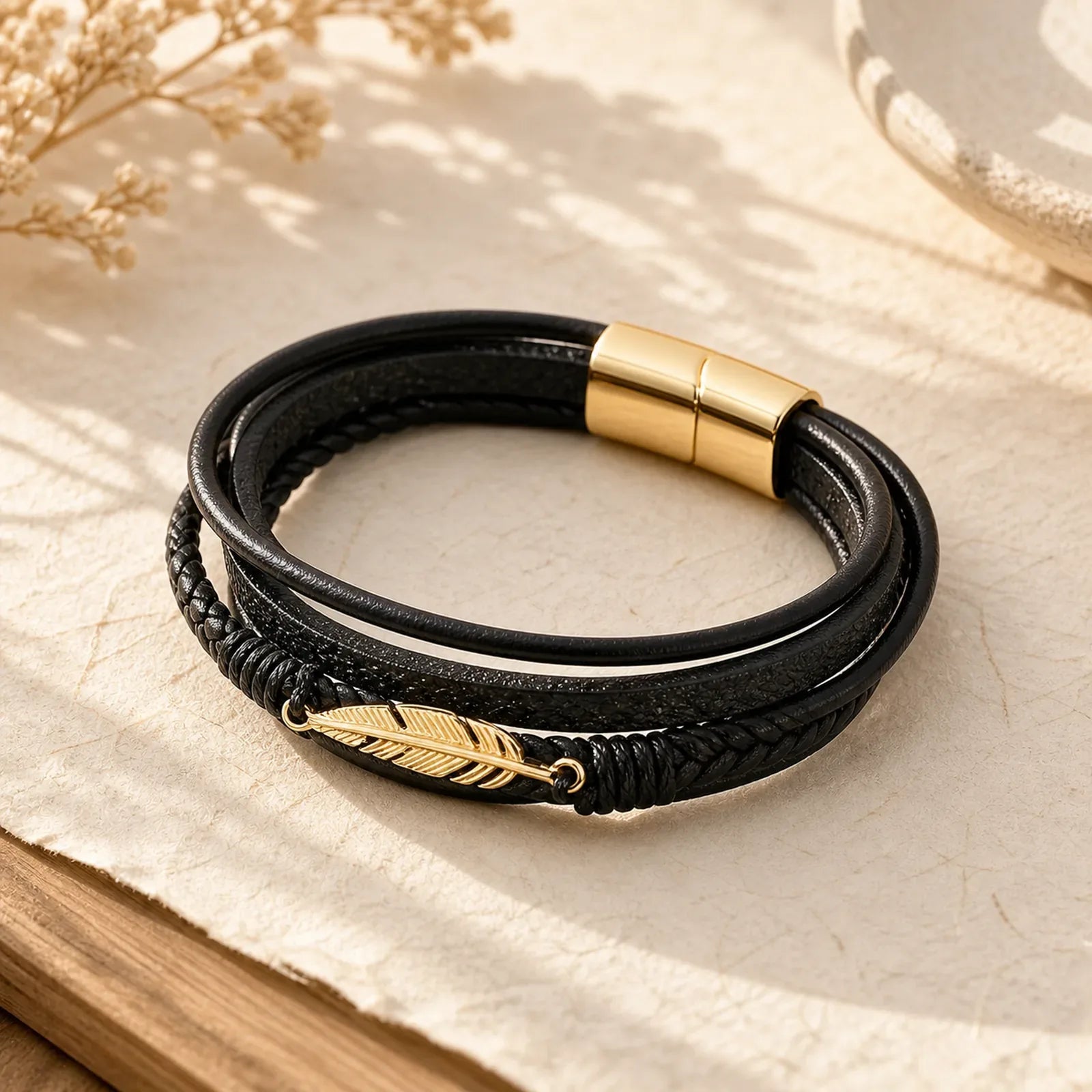 Feather Pattern Multilayer Leather Titanium Steel Calm Braided Magnetic Buckle Bracelet featuring Titanium Steel