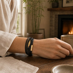 Feather Pattern Multilayer Leather Titanium Steel Calm Braided Magnetic Buckle Bracelet featuring Titanium Steel