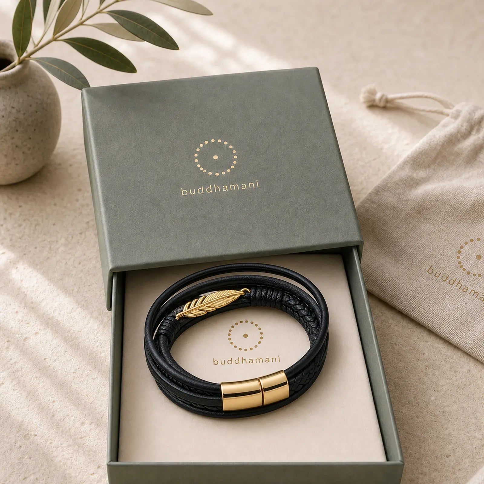 Feather Pattern Multilayer Leather Titanium Steel Calm Braided Magnetic Buckle Bracelet featuring Titanium Steel