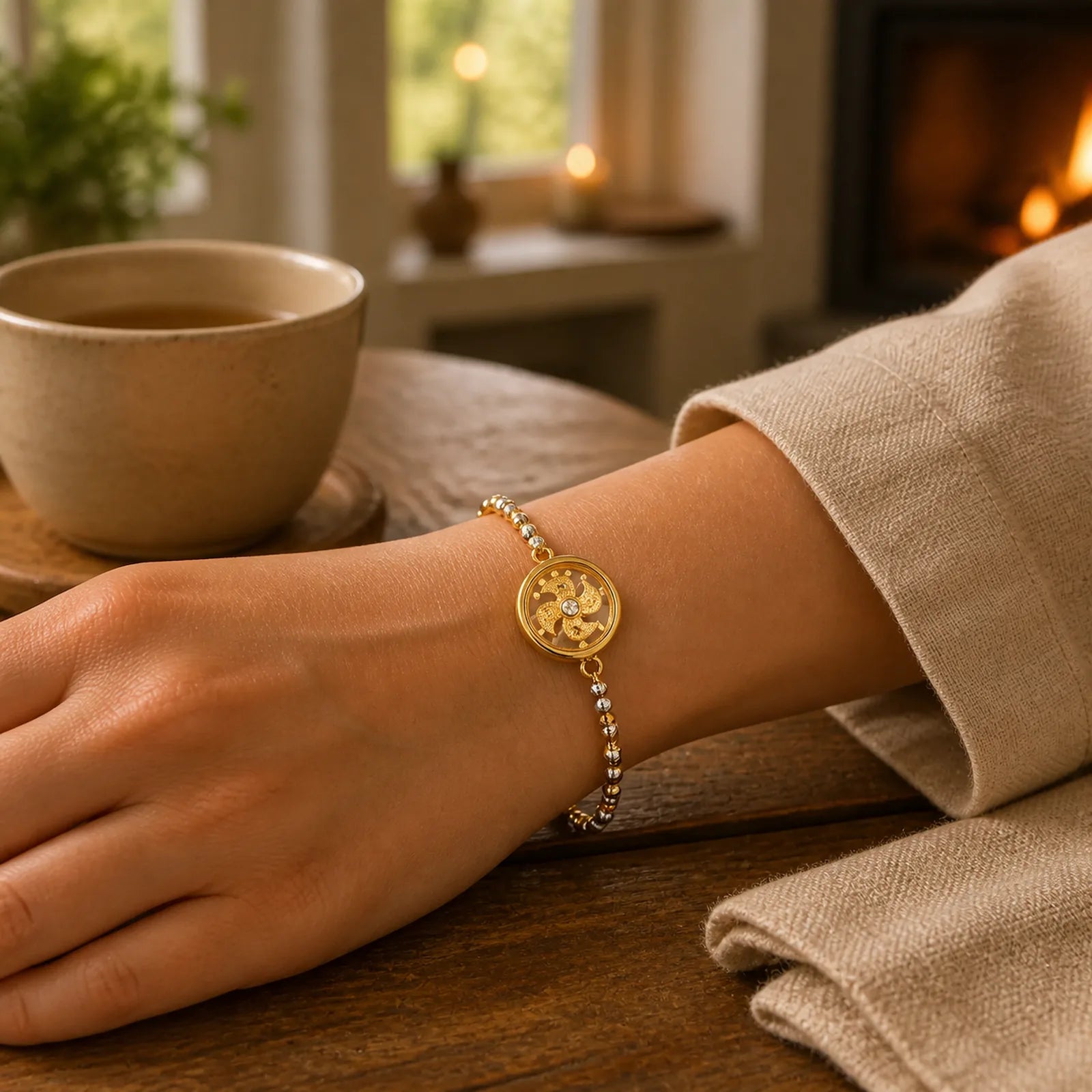Feng Sheng Shui Qi Copper Brass Rotatable Windmill Bead Protection Braided Bracelet featuring Copper