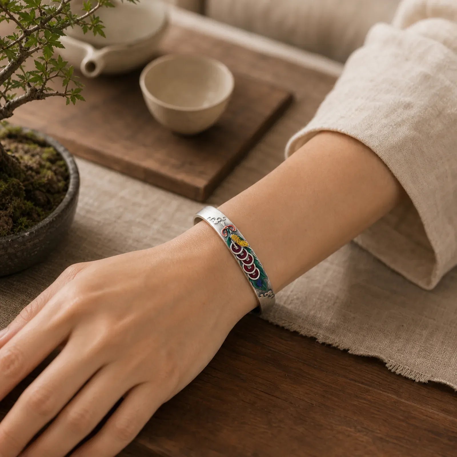 Feng Shui Five Emperor Coins Peanut Wealth Bracelet Bangle featuring Five Emperor Coins, Five-Emperor Coins, Copper