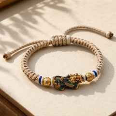 Feng Shui PiXiu Color Change Copper Coin Beads Wealth String Bracelet featuring Pixiu, Copper