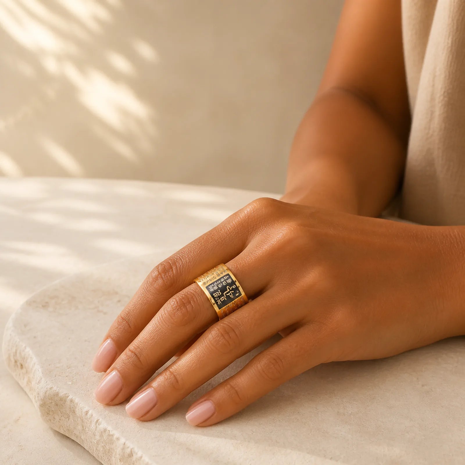 FengShui Buddhism Ancient Heart Sutra Lucky Ring featuring Titanium Steel