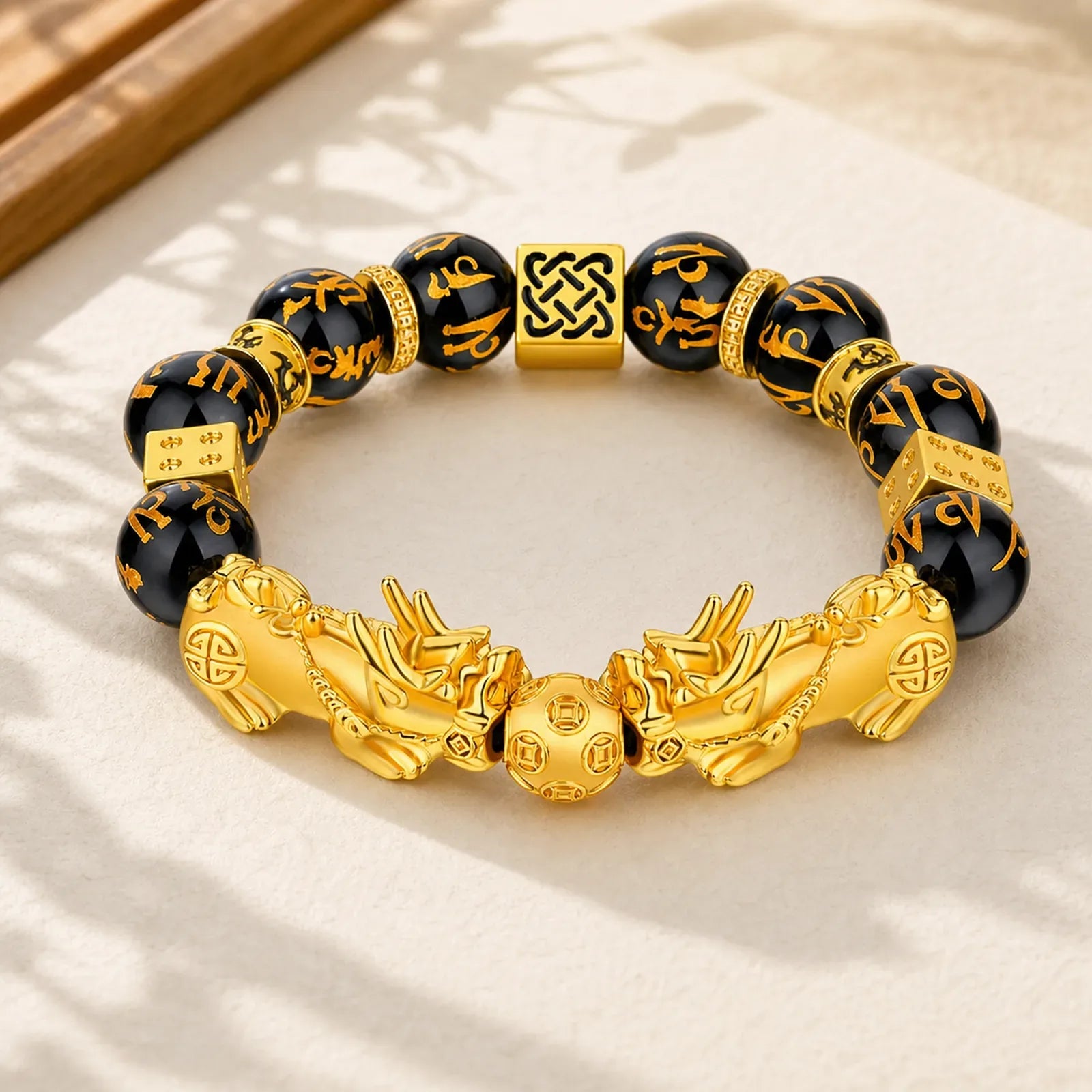 FengShui Double PiXiu Obsidian Om Mani Padme Hum Wealth Bracelet featuring Pixiu, Obsidian, Om Mani Padme Hum