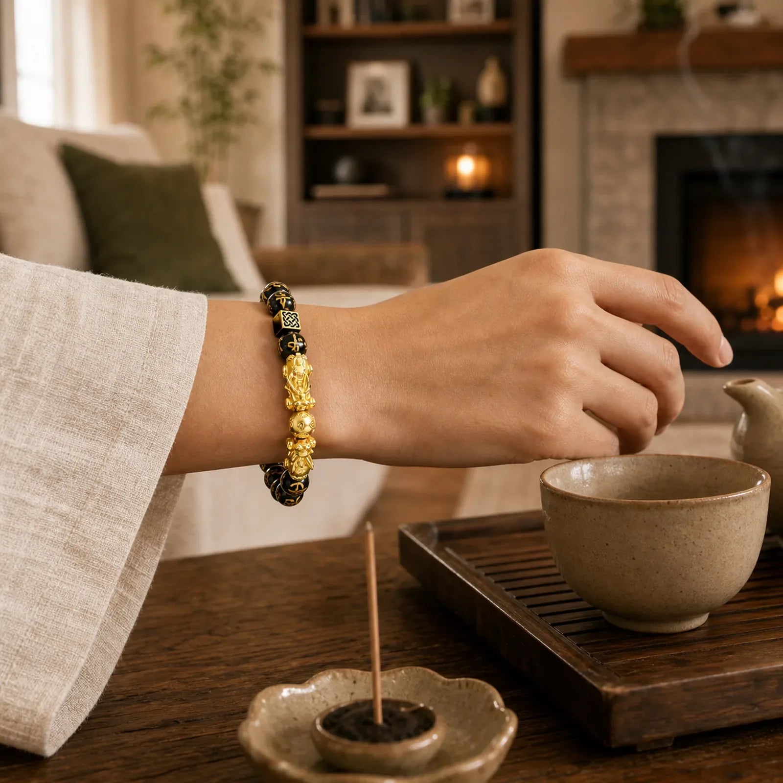 FengShui Double PiXiu Obsidian Om Mani Padme Hum Wealth Bracelet featuring Pixiu, Obsidian, Om Mani Padme Hum