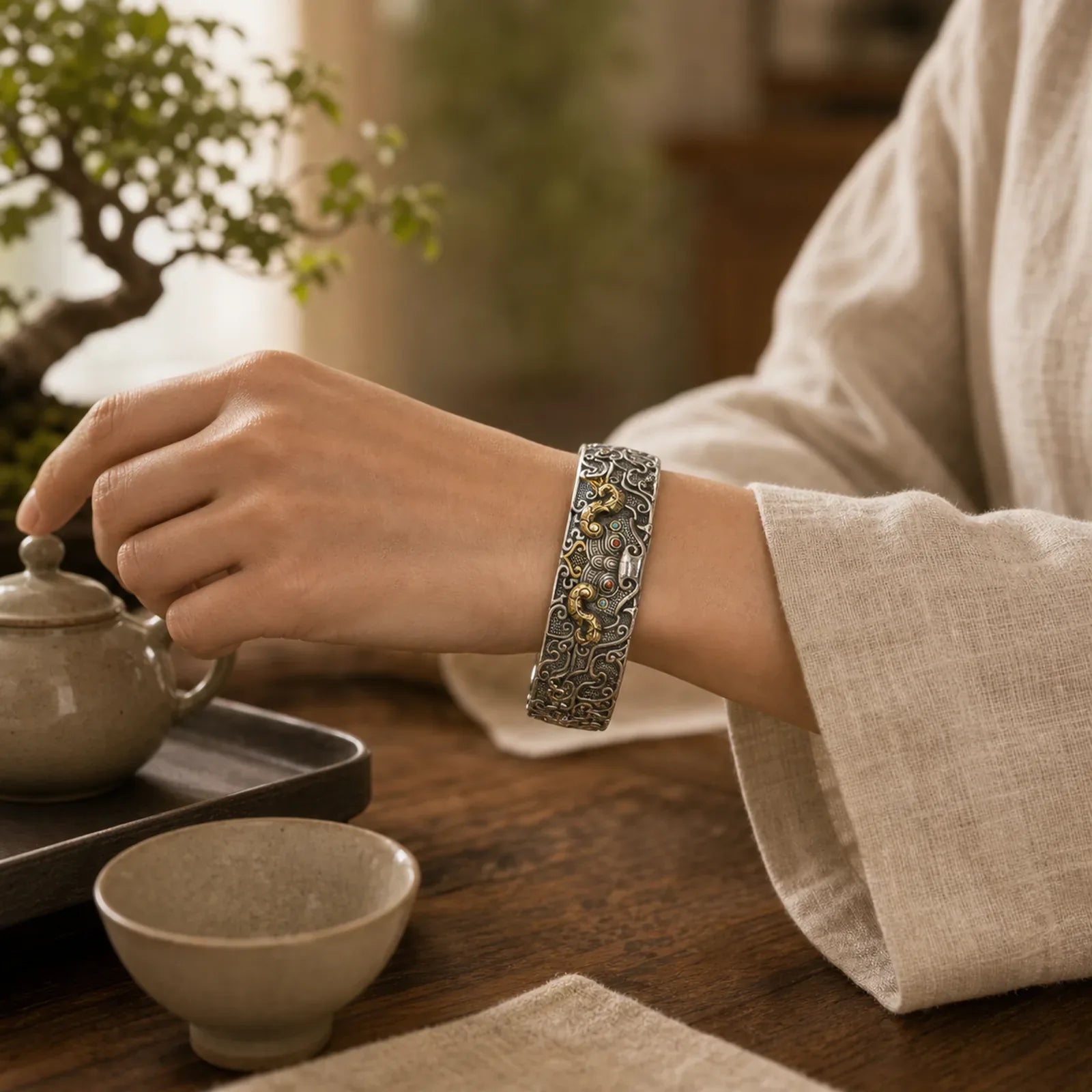 FengShui Engraving PiXiu Blessing Bracelet Bangle featuring Pixiu, Silver, Copper