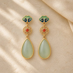 FengShui Jade Double Happiness Fortune Earrings featuring Jade, Double Happiness, Copper