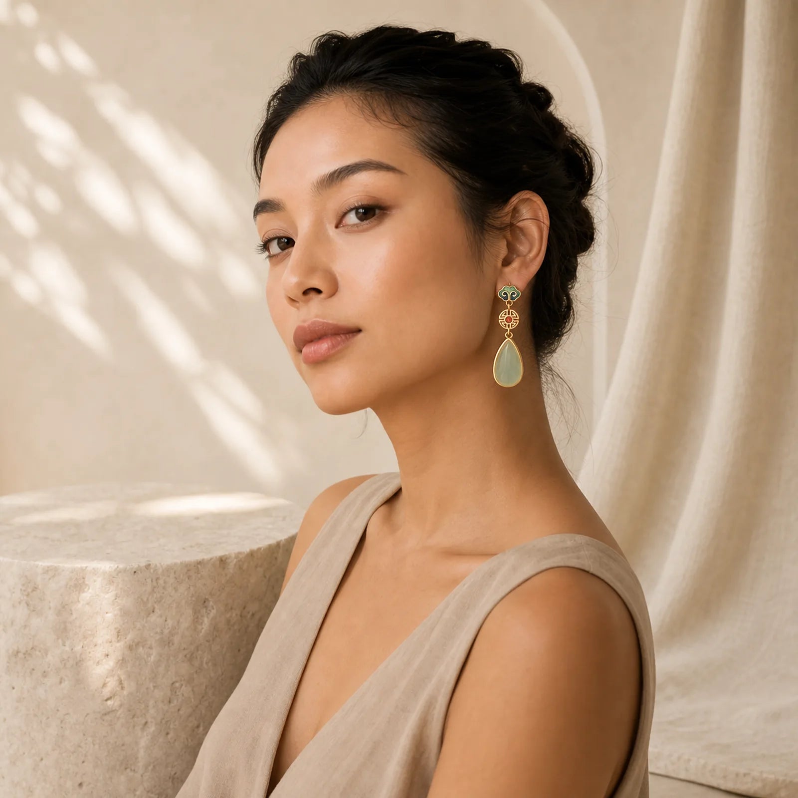 FengShui Jade Double Happiness Fortune Earrings featuring Jade, Double Happiness, Copper