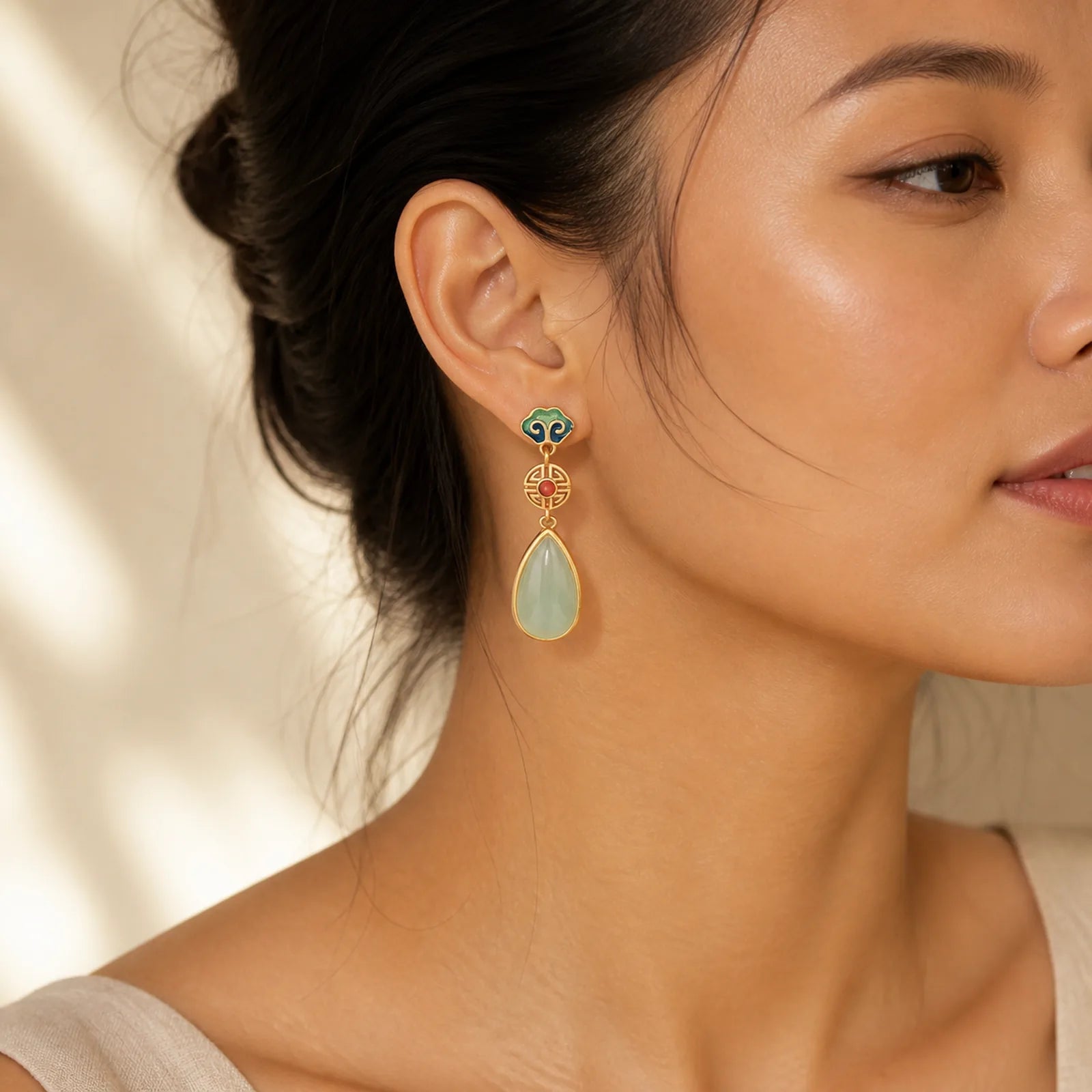 FengShui Jade Double Happiness Fortune Earrings featuring Jade, Double Happiness, Copper