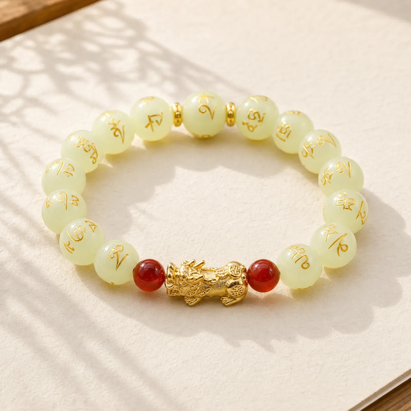 FengShui Lucky Pixiu Glowstone Wealth Bracelet featuring Pixiu, Glowstone, Om