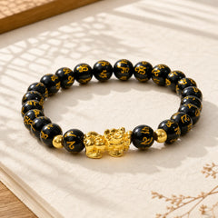 FengShui Lucky Pixiu Obsidian Wealth Bracelet featuring Pixiu, Obsidian, Om