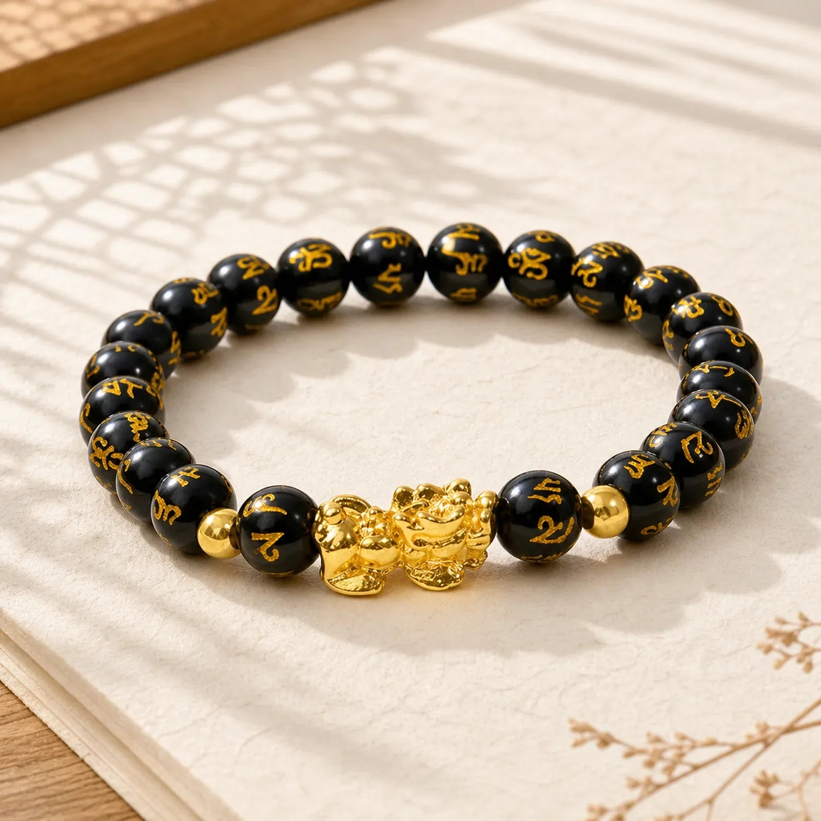 FengShui Lucky Pixiu Obsidian Wealth Bracelet featuring Pixiu, Obsidian, Om